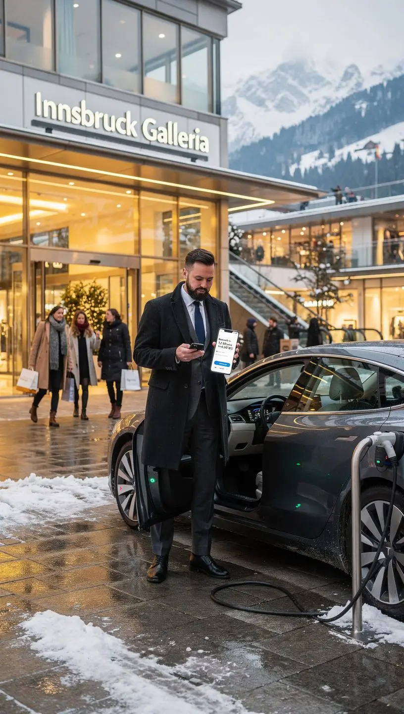 Ein glücklicher Käufer, der während des Einkaufs sein Elektrofahrzeug auflädt und Treuepunkte sammelt.