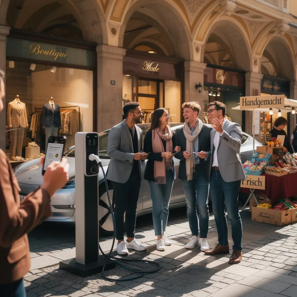 Kundinnen und Kunden nutzen die Ladeinfrastruktur, während sie in Geschäften einkaufen und Treuepunkte sammeln.