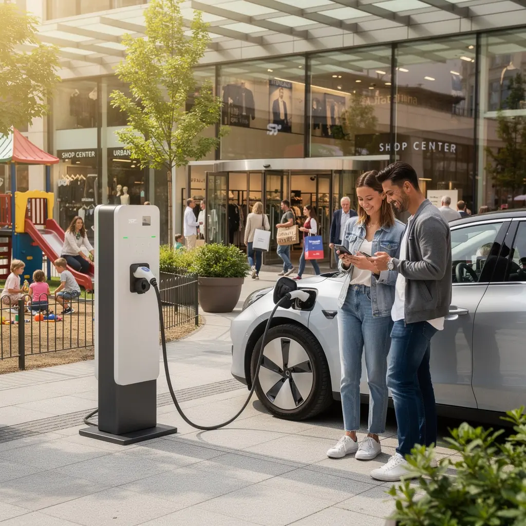 Ladeeinrichtung für Elektrofahrzeuge im Einkaufszentrum, umgeben von Geschäften und Kunden.
