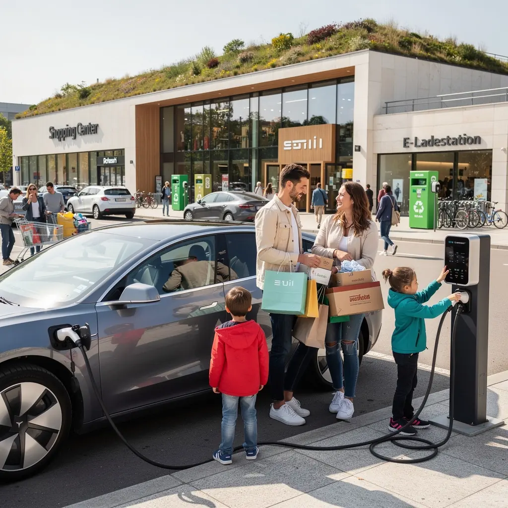 Ladestation für Elektrofahrzeuge im Einkaufszentrum mit modernen Säulen und einem großzügigen Parkplatz.