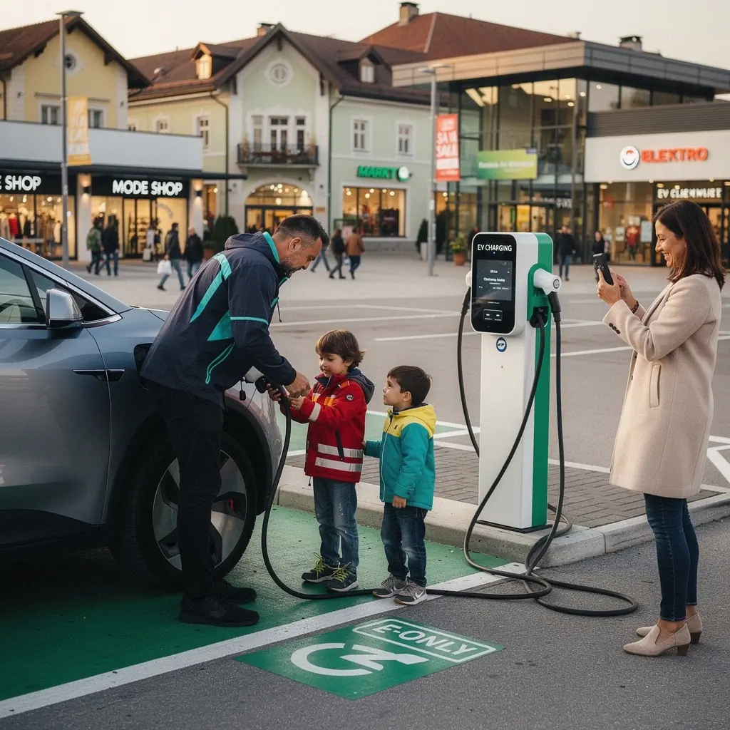 Moderne Ladestation für Elektroautos mit klaren Hinweisen auf die Vorteile für Kunden im Einkaufszentrum.