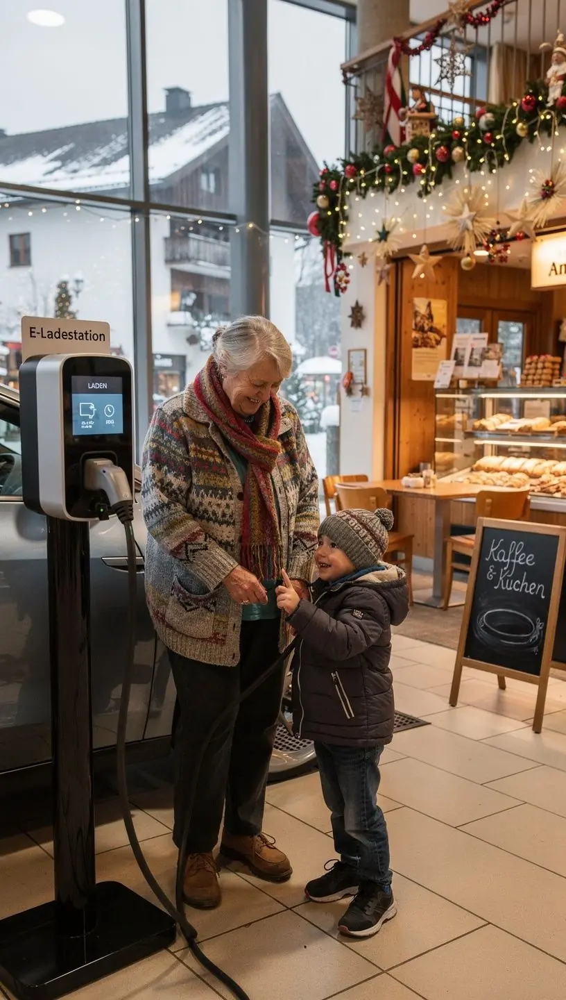 Familie mit Kindern, die während des Ladevorgangs entspannt im Einkaufszentrum bummelt und die Annehmlichkeiten genießt.