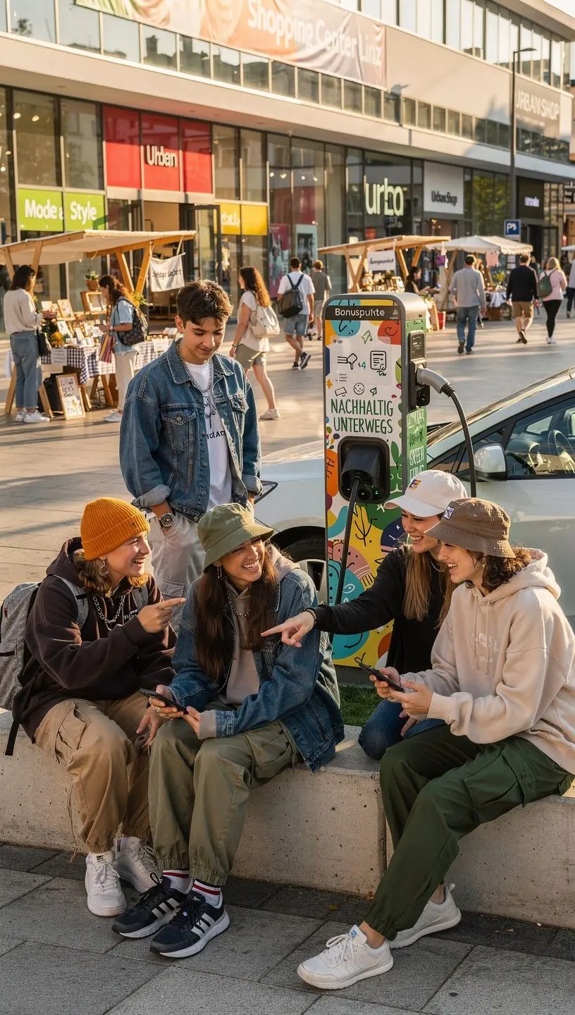 Ein glГјcklicher Kunde nutzt ein Smartphone, um Punkte fГјr TreueprГ¤mien beim Laden seines Elektroautos zu sammeln.