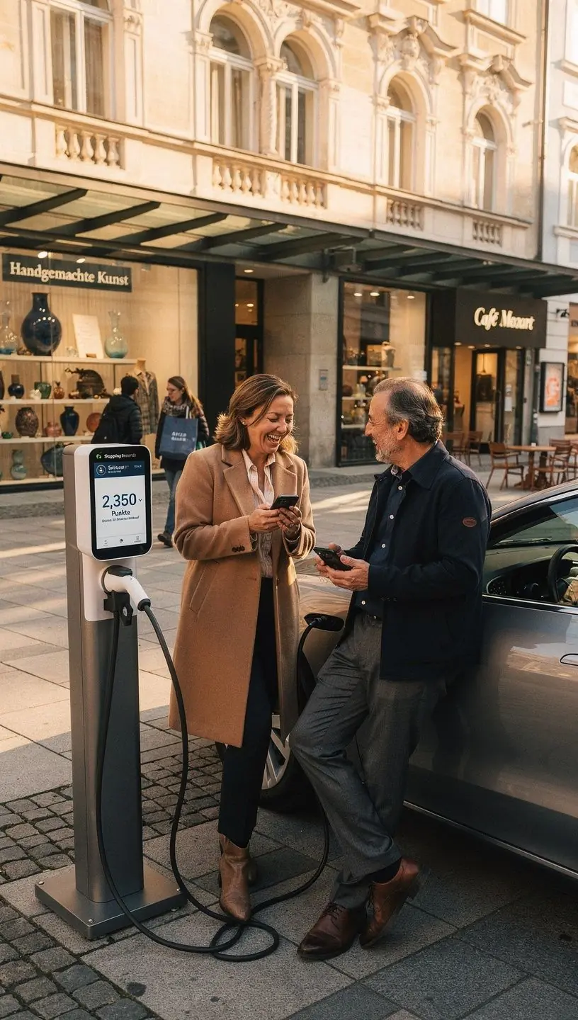 Eine Гњbersicht des Einkaufszentrums mit markierten Ladepunkten fГјr Elektroautos und VerkaufsflГ¤chen.