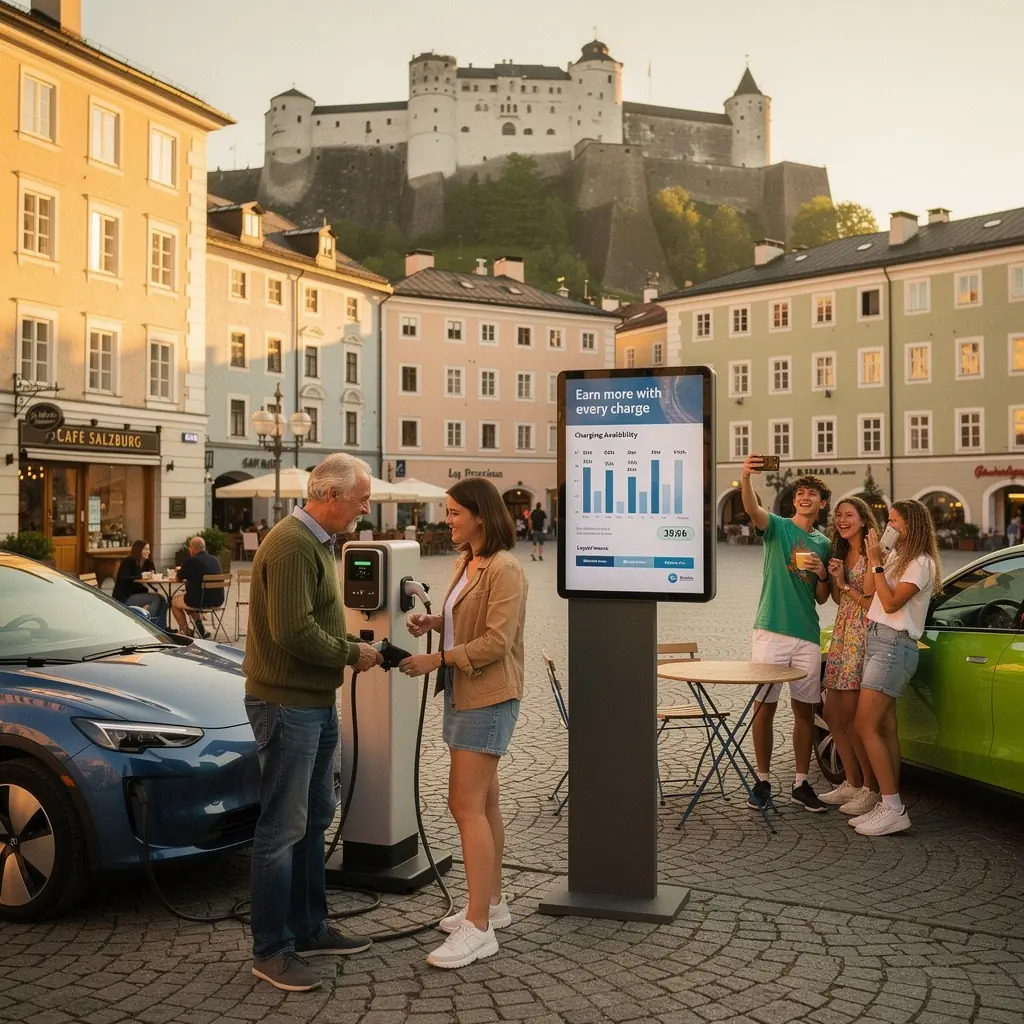 Eine Familie genieГџt ihren Einkauf im Einkaufszentrum, wГ¤hrend ihr Elektrofahrzeug an einer Ladestation aufgeladen wird.