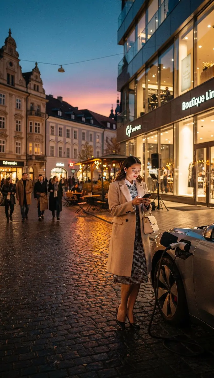 Moderne Ladestationen für Elektrofahrzeuge im Einkaufsbereich.
