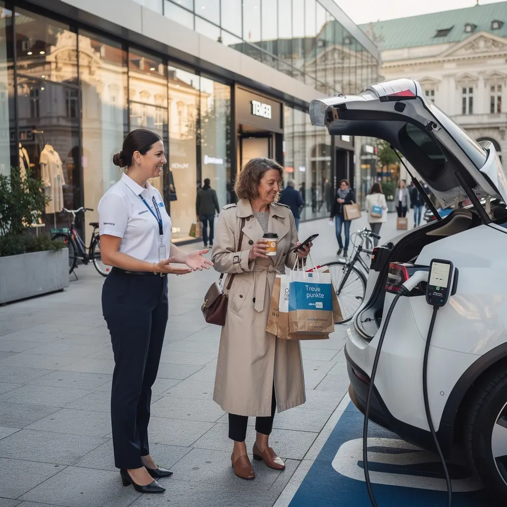 Familie verbringt Zeit im Einkaufszentrum, während das Auto lädt.