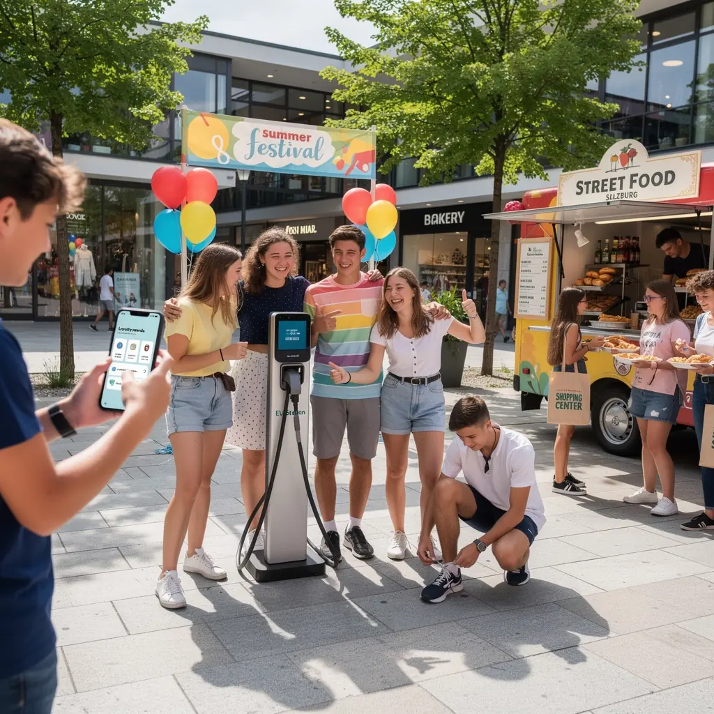 Schild mit Informationen über die Vorteile des Ladens während des Einkaufs.