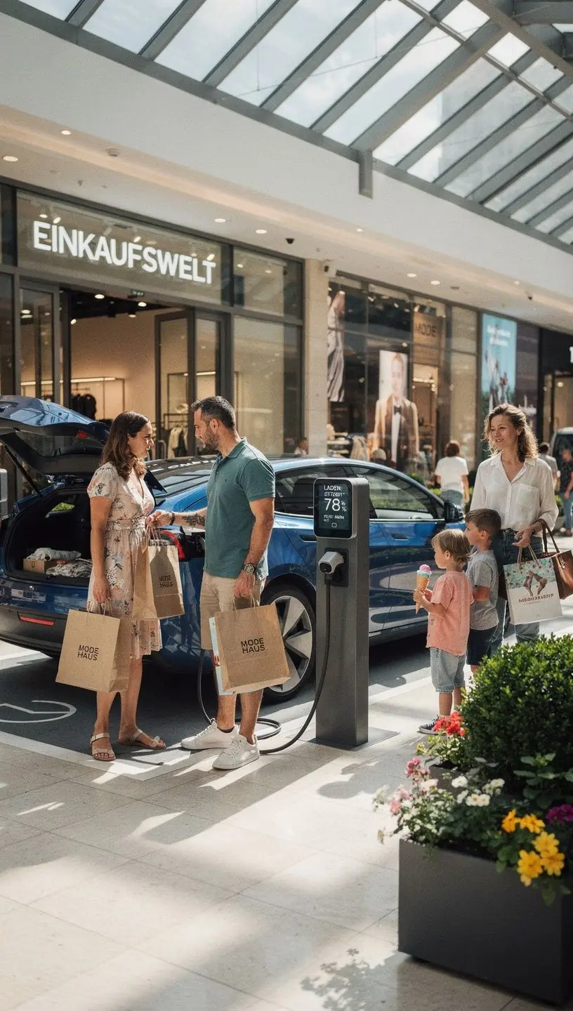 Ladepunkt fГјr Elektrofahrzeuge in einem modernen Einkaufszentrum mit Kunden, die ihre EinkГ¤ufe erledigen.